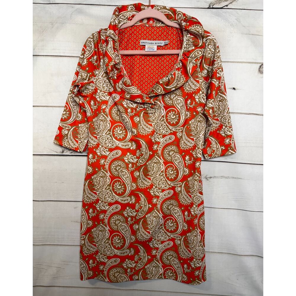 Gretchen Scott Designs Red and Tan Paisley Mini Dress